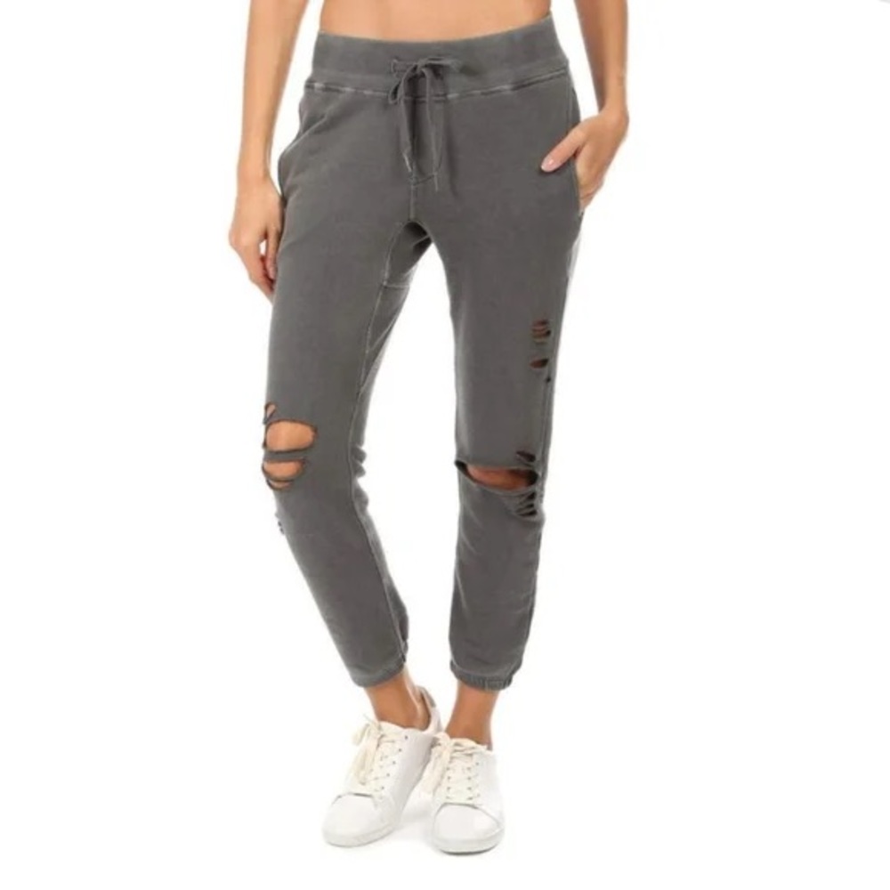 NSF Sayde Distressed French Terry Sweatpants in Pigment Black | size M